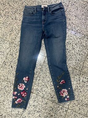 DRIFTWOOD Dark Blue Cropped Jeans with Pink Floral Embroidery
